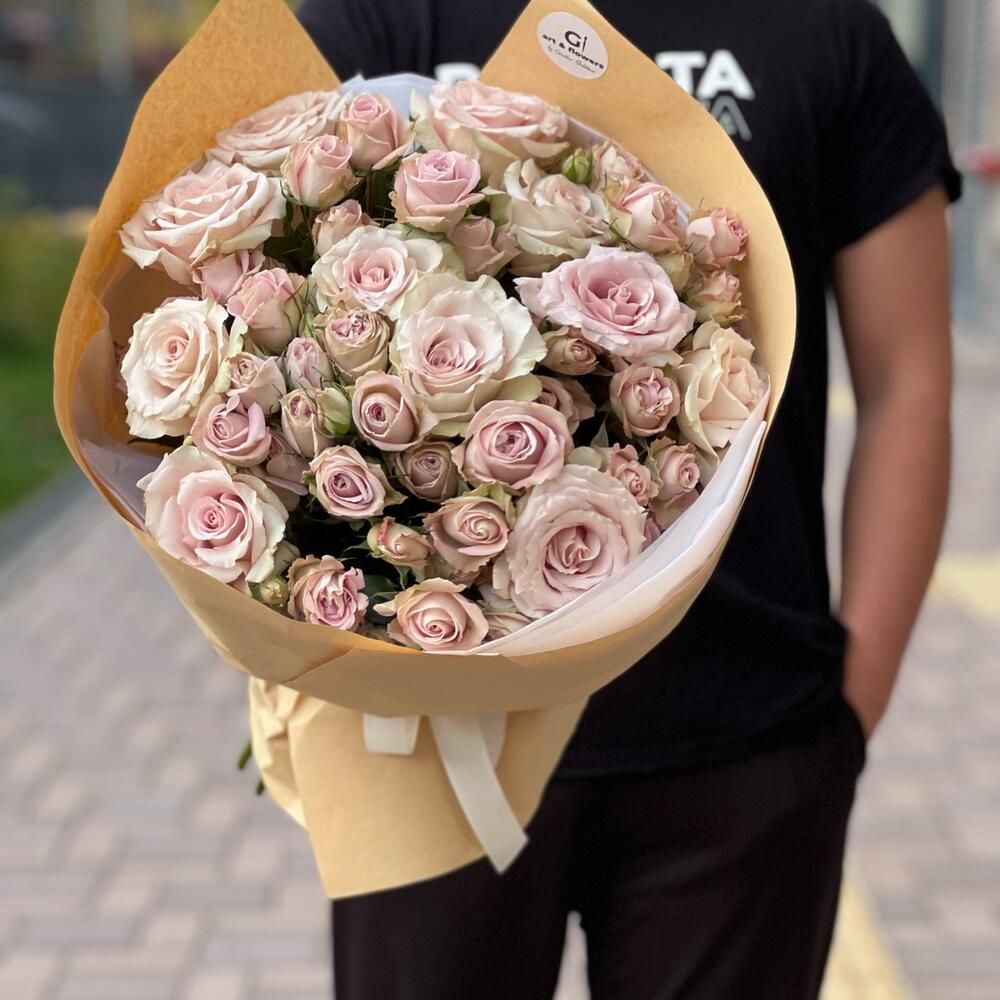 Евро-Букет из Роз Quicksand и Кустовой розы + открытка ручной работы в подарок